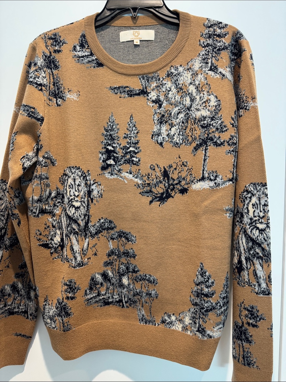 LAS SURENAS Tan Scenic Lion Crewneck Sweater New Medium